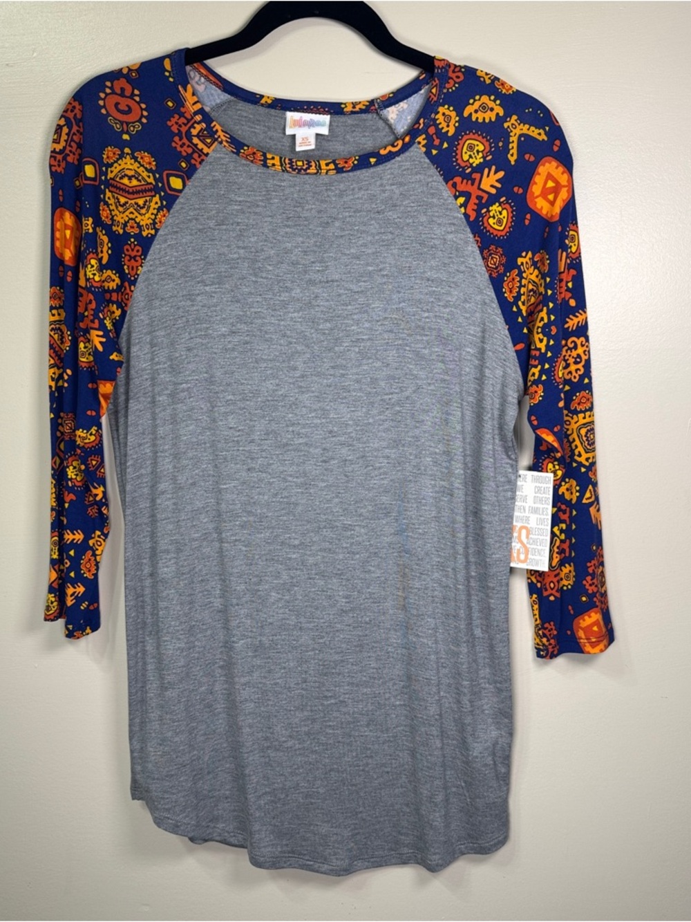 LuLaRoe Randy Tee XS NWT gray blue orange raglan 3/4 sleeve baseball shirt top